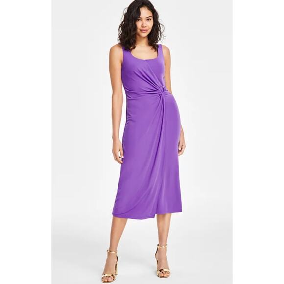 ANNE KLEIN WOMENS SMALL SQUARE NECK SHIRRED O-RING MIDI DRESS PASSION PURPLE NEW - Picture 1 of 14